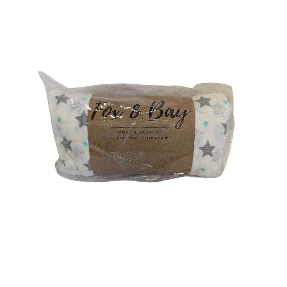 Fox & Bay Infant Accessories, Gray & Teal Stars Baby Muslin Swaddle Blanket, NEW